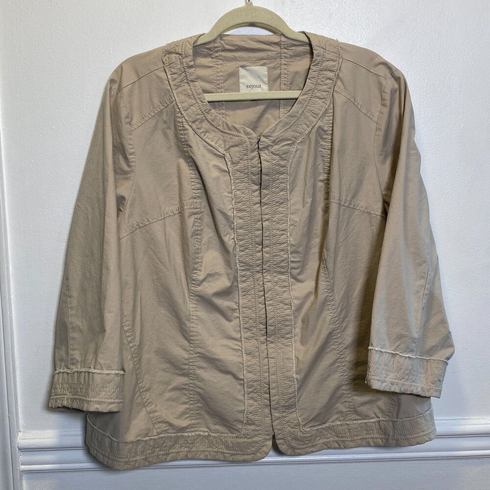 Sejour Women’s 20W Jacket Beige Cotton Classic Timeless Minimalist 3/4 Sleeve